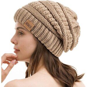 Women's Slouchy A5 Khaki Beanie Winter Warm Chunky Soft Skull Cable Knit Hat Cap